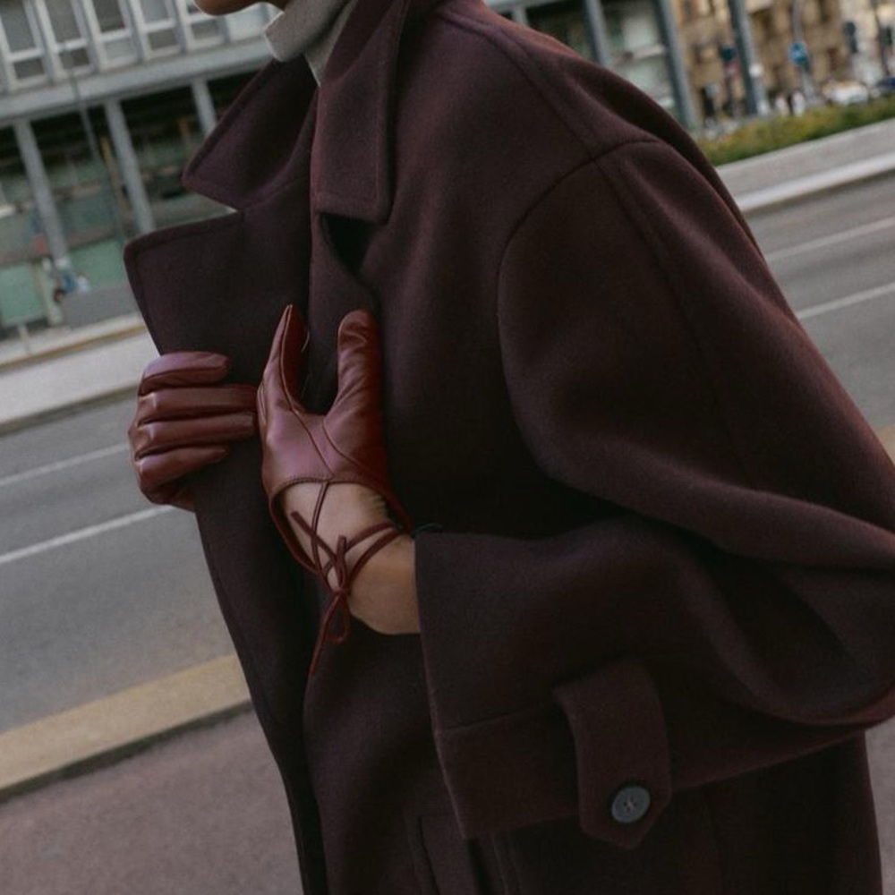 ZARA LEATHER BURGUNDY GLOVES WITH TIE NWT